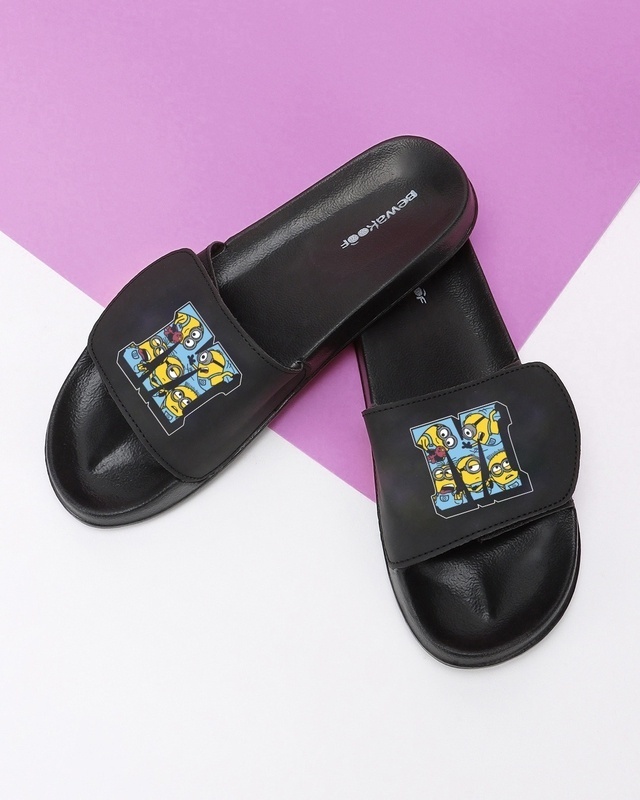 Shop Women's Black Team Minion Adjustable Velcro Sliders-Front