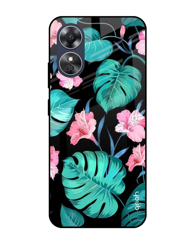 Shop Tropical Leaves & Pink Flowers Premium Glass case for OPPO A17 (Shock Proof,Scratch Resistant)-Front