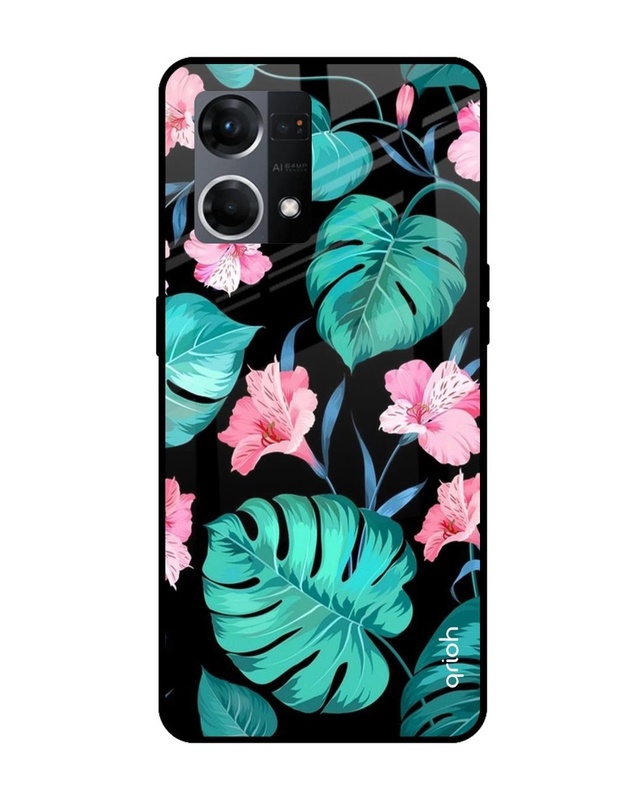 Shop Tropical Leaves & Pink Flowers Premium Glass Case for Oppo F21s Pro (Shock Proof, Scratch Resistant)-Front