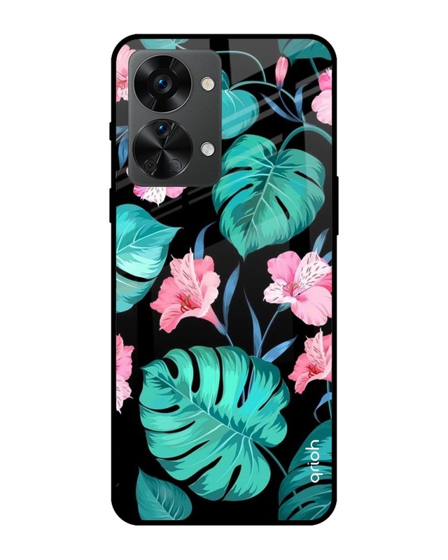 Shop Tropical Leaves & Pink Flowers Premium Glass Cover for OnePlus Nord 2T 5G-Front