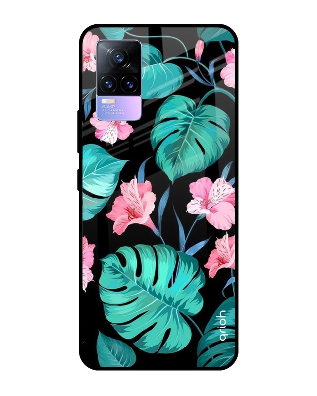 Shop Tropical Leaves & Pink Flowers Premium Glass Cover for Vivo Y73 (Shockproof, Light Weight)-Front