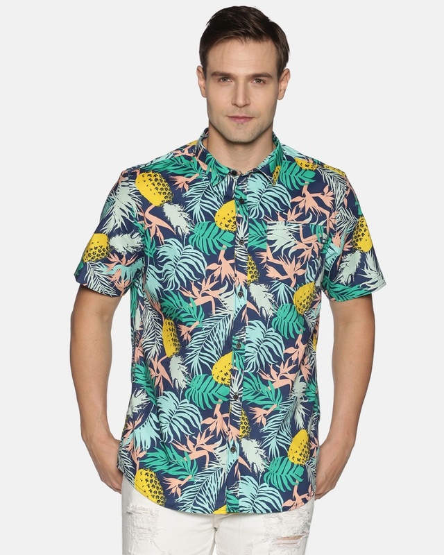 Shop Tusok Men Short Sleeve Cotton Printed Pineapple Multicolor Blue Shirt-Front