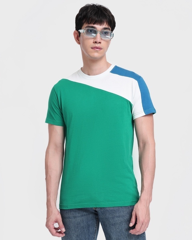 Shop Men's Green & White Color Block T-shirt-Front