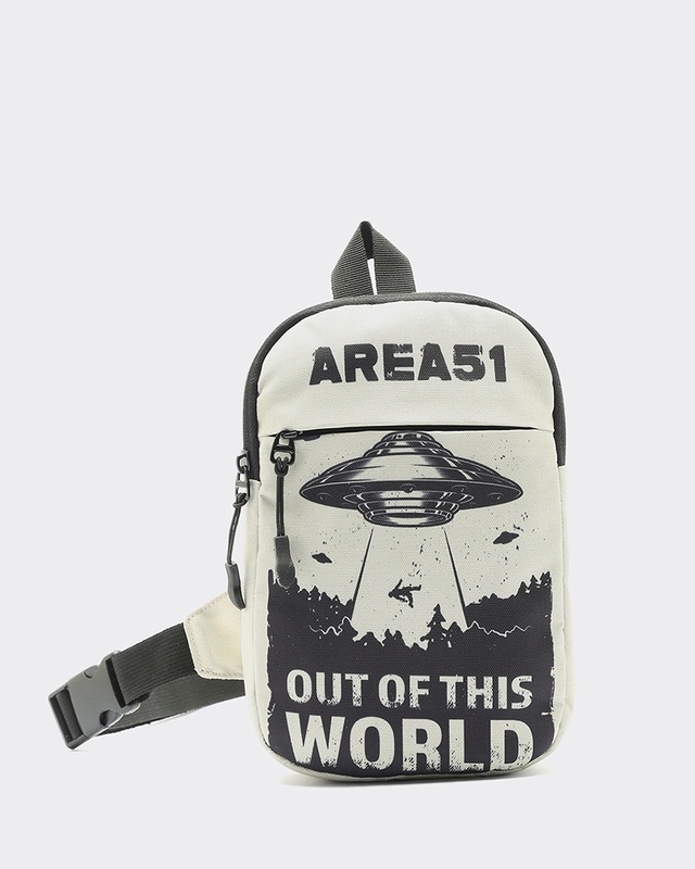 Unisex Beige Area 51 Printed Sling Bag-Front Bewakoof Shop Unisex Beige Area 51 Printed Sling Bag-Front