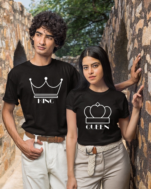 Shop Unisex Black King & Queen Pack of 2 Couple T-shirt-Front