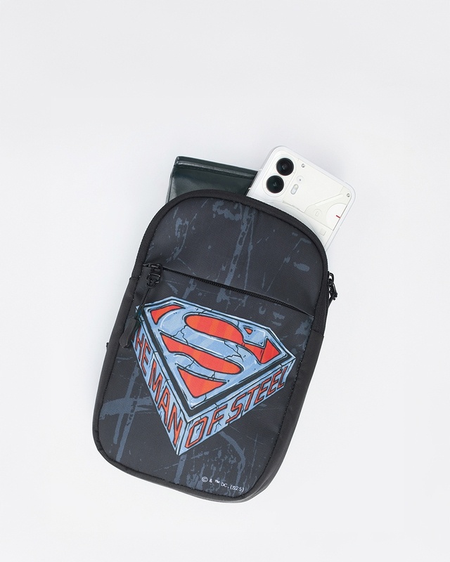 Unisex Black Man Of Steel Printed Sling Bag-Front Bewakoof Shop Unisex Black Man Of Steel Printed Sling Bag-Front