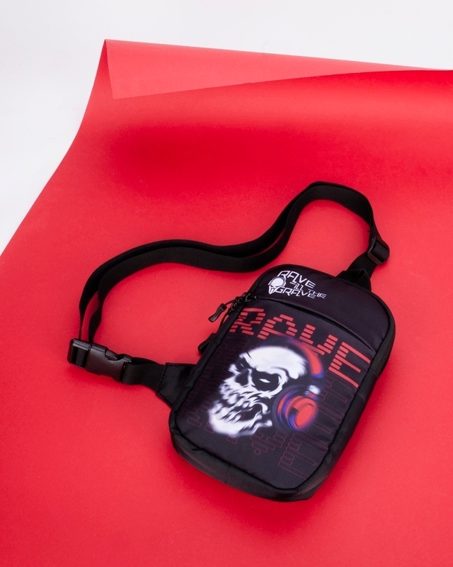 Shop Unisex Black Rave Till Grave Graphic Printed Sling Bag-Front