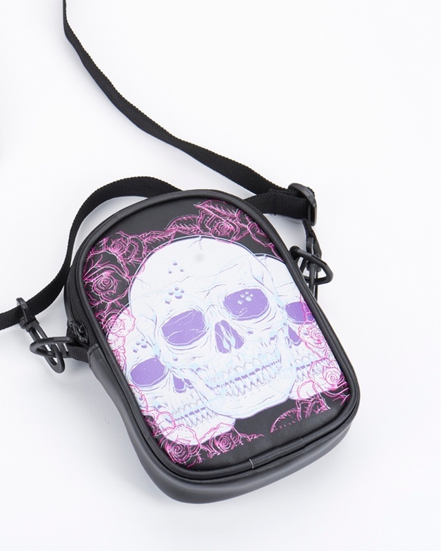 Shop Unisex Black Skull & Roses Graphic Printed Sling Bag-Front