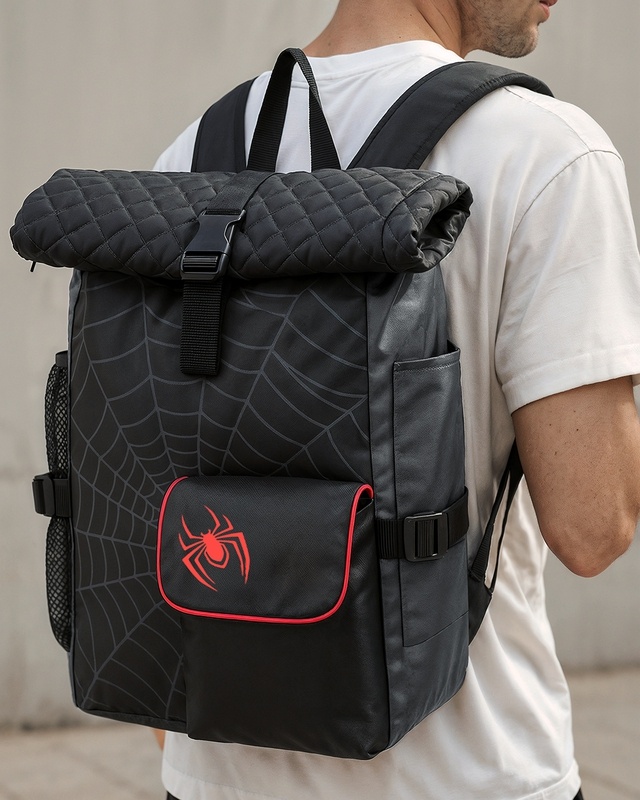 Shop Unisex Black Spider Man Printed Roll Top Laptop Backpack-Front
