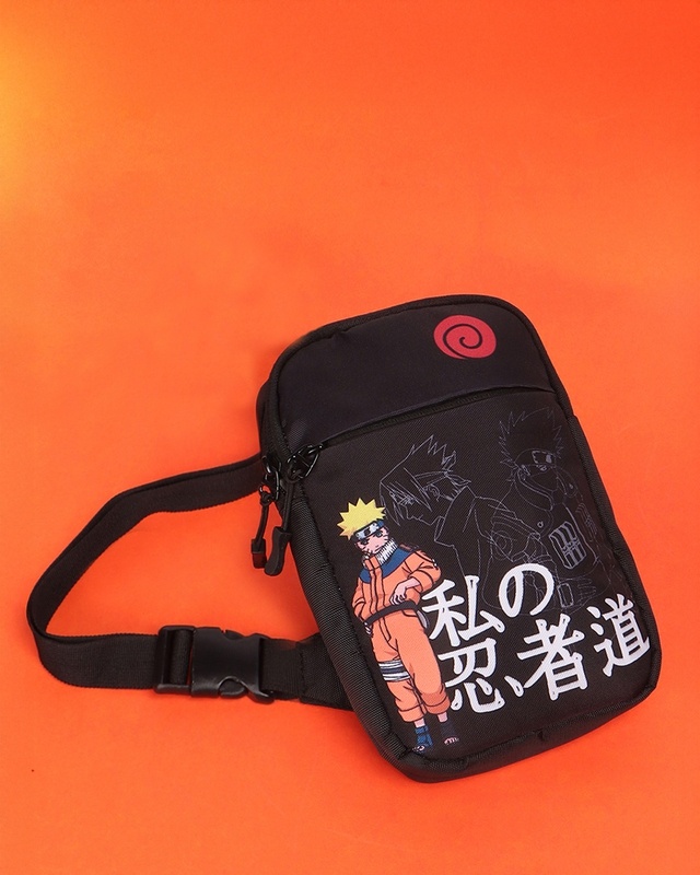 Unisex Black Unpredictable Ninja Naruto Printed Sling Bag-Front Bewakoof Shop Unisex Black Unpredictable Ninja Naruto Printed Sling Bag-Front
