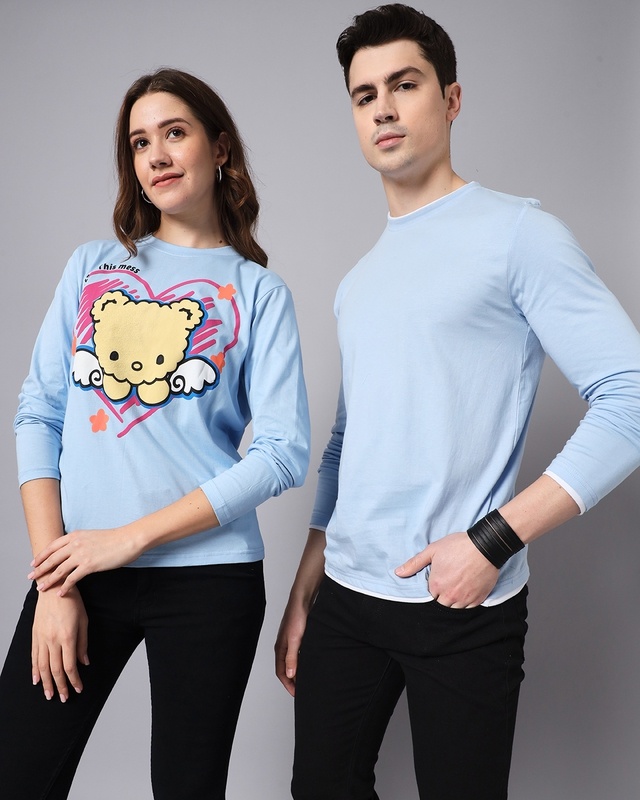 Shop Pack of 2 Unisex Blue Graphic Printed Couple T-shirt-Front