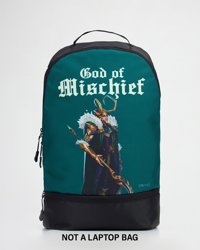 Shop Unisex Green & Black God Of Mischeif Printed Backpack-Front