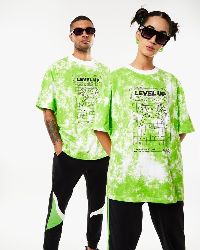 Shop Unisex Green & White Level Up Tie & Dye Typography T-shirt-Front