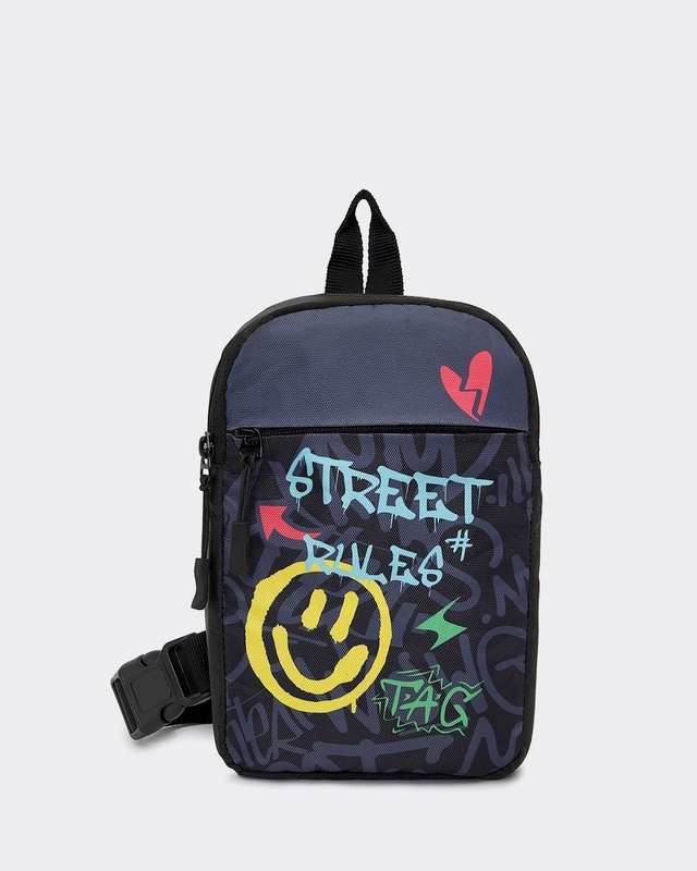 Unisex Grey & Black Street Rules Printed Sling Bag-Front Bewakoof Shop Unisex Grey & Black Street Rules Printed Sling Bag-Front