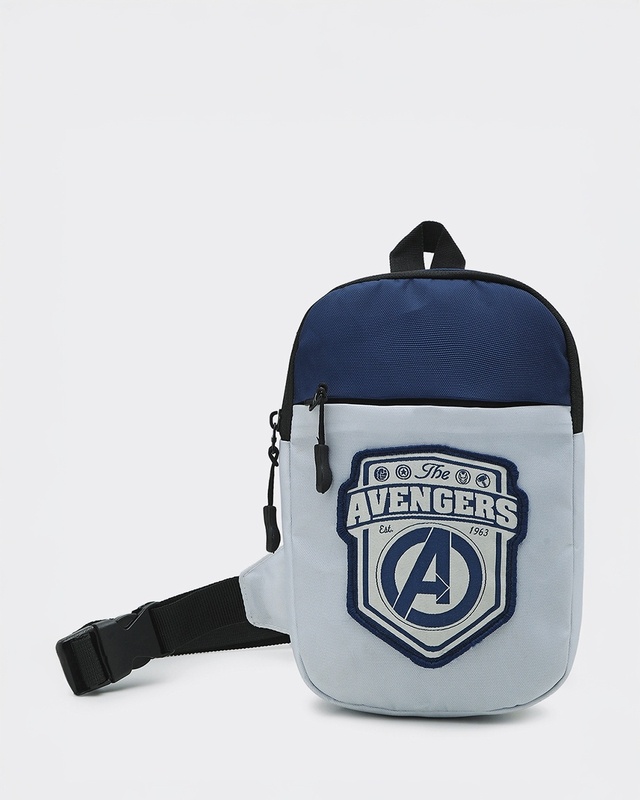 Unisex Grey & Blue Avengers Printed Sling Bag-Front Bewakoof Shop Unisex Grey & Blue Avengers Printed Sling Bag-Front