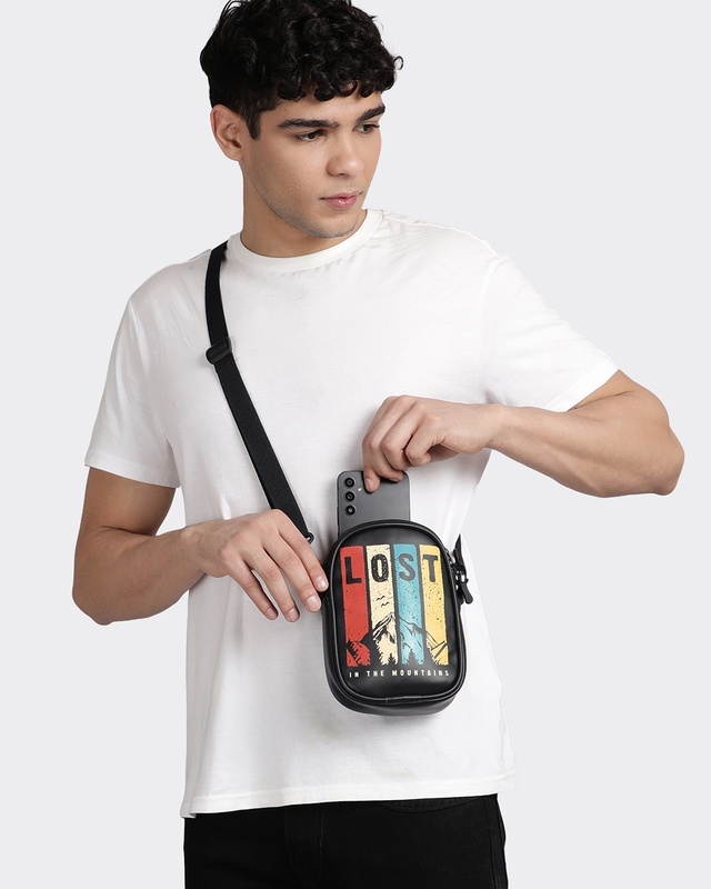 Unisex Black Lost Printed Sling Bag-Front Bewakoof Shop Unisex Black Lost Printed Sling Bag-Front