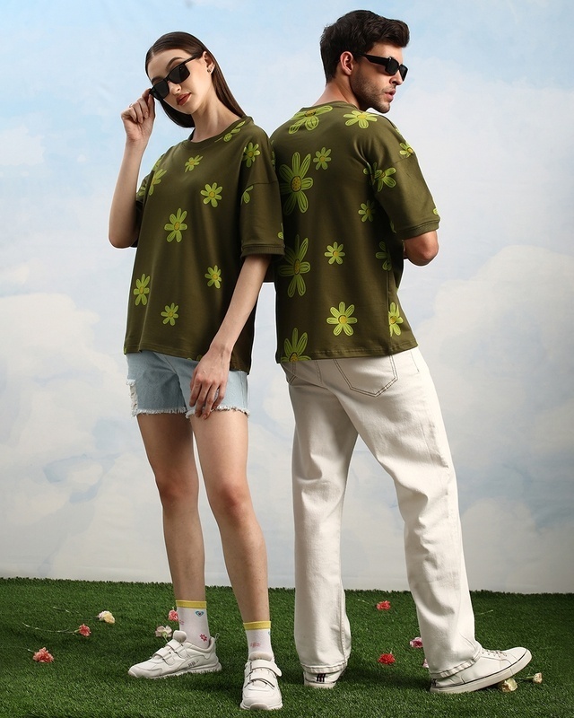 Shop Unisex Olive Green Floral Printed Loose Fit T-shirt-Front