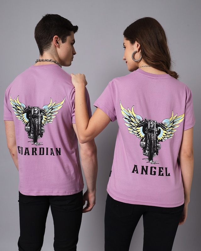 Shop Pack of 2 Unisex Purple Graphic Printed Couple T-shirt-Front