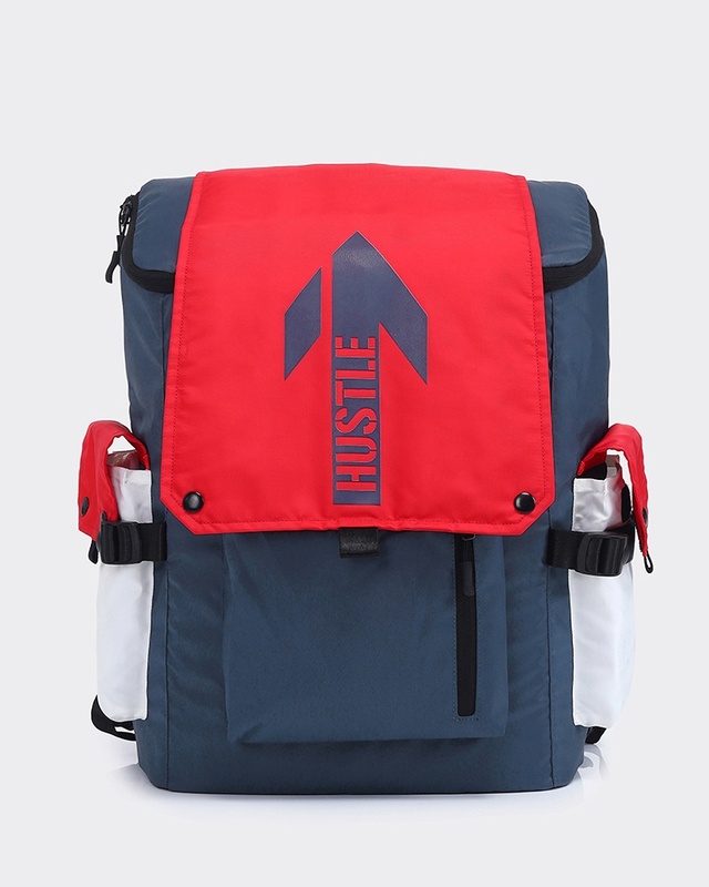 Unisex Red & Blue Hustle Printed Laptop Backpack-Front Bewakoof Shop Unisex Red & Blue Hustle Printed Laptop Backpack-Front