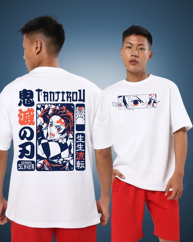 Shop Unisex White Demon SLayer Tanjiro Oversized Anime T-shirt-Front