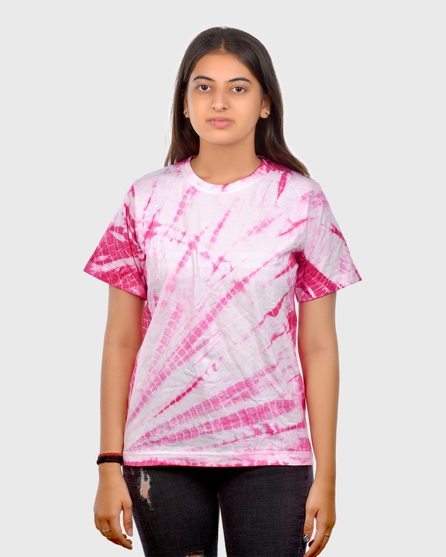 Shop Unisex White & Pink Tie & Dye Relaxed Fit T-shirt-Front
