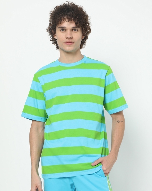 Shop Mens Upbeat Blue Horizontal Stripe Oversized T-shirt-Front