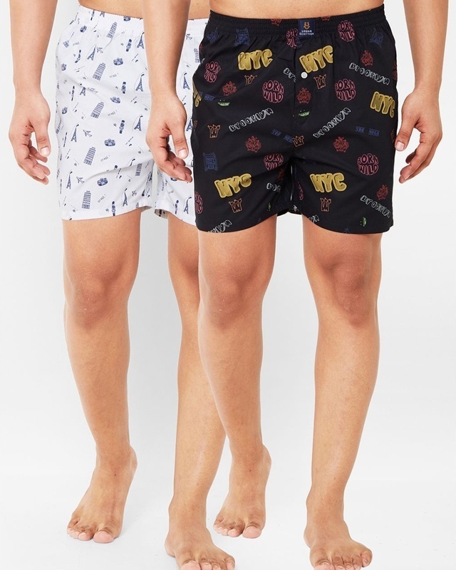 Shop Pack of 2 Men's White & Black All Over Printed Boxers-Front