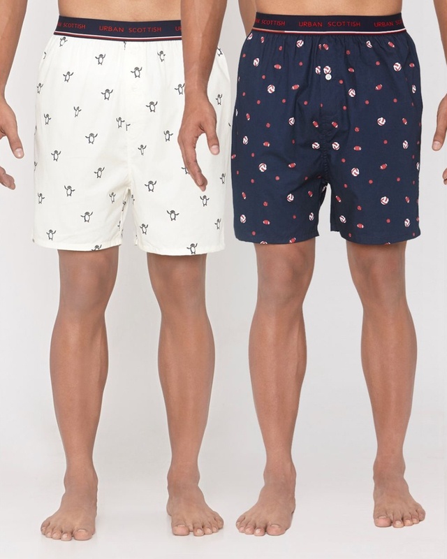 Shop Pack of 2 Men's Blue & White All Over Printed Boxers-Front