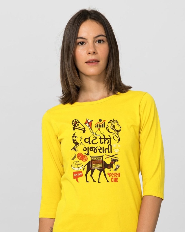Shop Vath Thi Gujarati Round Neck 3/4 Sleeve T-Shirt Pineapple Yellow-Front