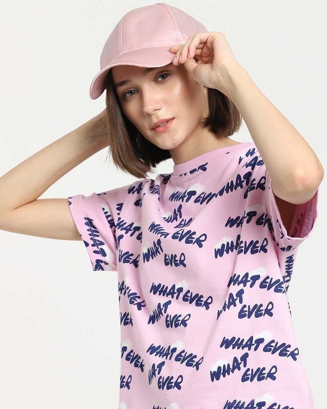 Shop Women's Pink Whatever Typography Relaxed Fit Short Top-Front