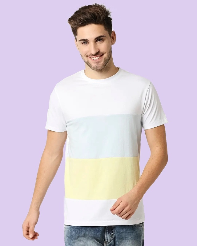 Shop Men's White & Yellow Color Block T-shirt-Front
