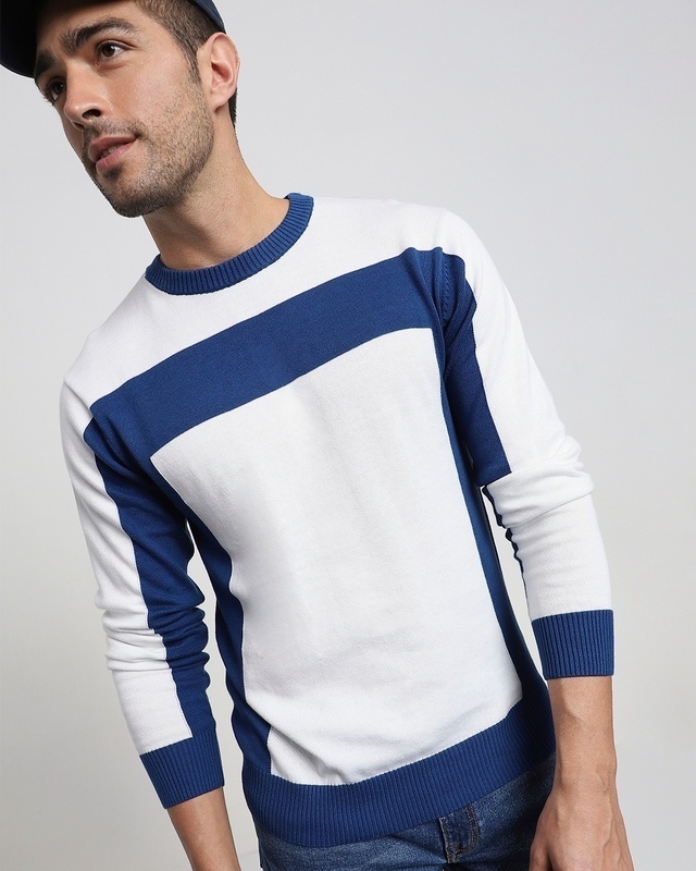 Shop White Color Block Flat Knit Sweater-Front