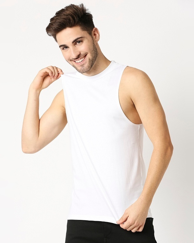 Shop Men's White Deep Armhole Oversized Vest-Front