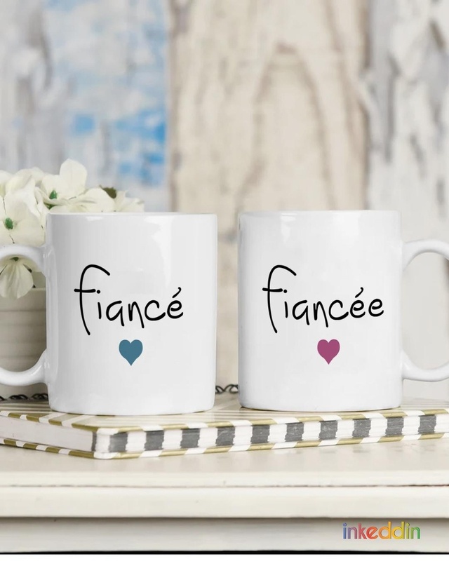 Shop White Fiance Printed Ceramic Mug (330 ml, Set Of 2)-Front