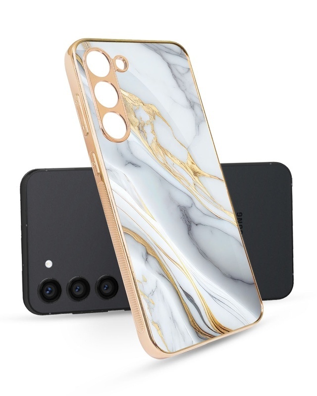 Shop White Grey Marble Copper Metallic Gold Premium Glass Case for Samsung Galaxy S23 Plus 5G-Front