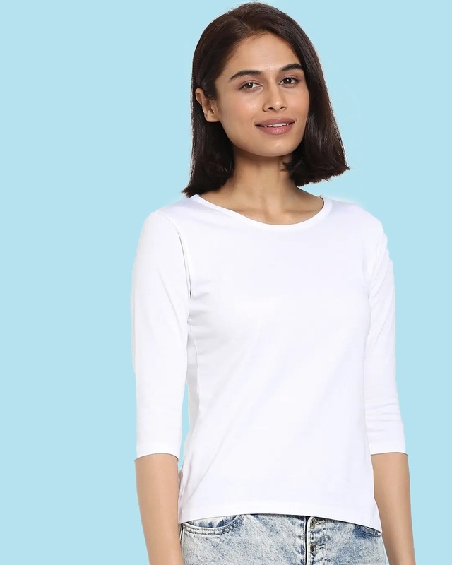 Shop White Round Neck 3/4th Sleeve T-Shirt-Front