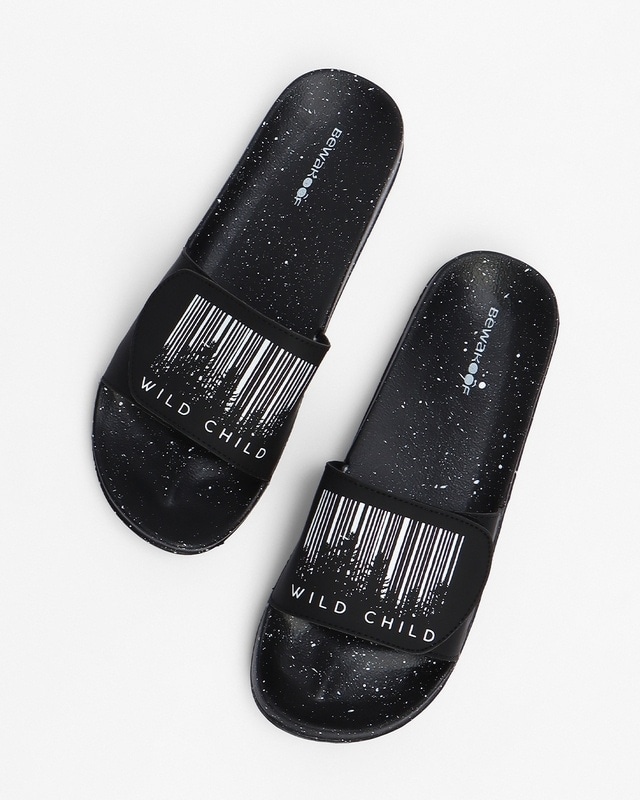 Shop Men's Black Wild Child Printed Sliders-Front