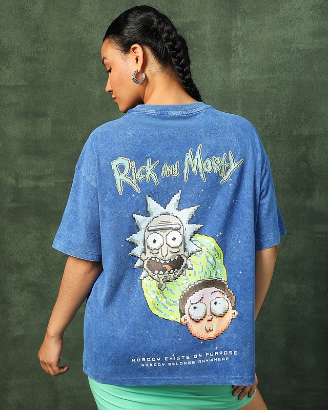 Shop Women's Blue Bit Rick & Morty Graphic Printed Oversized T-shirt-Front