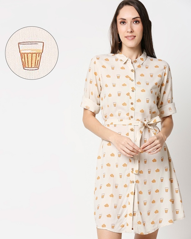 Shop Women All Over Printed Button Down Beige Dress-Front