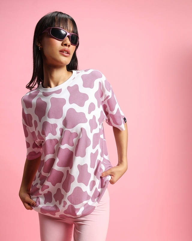 Shop Women's White & Purple Camo Printed Oversized T-shirt-Front