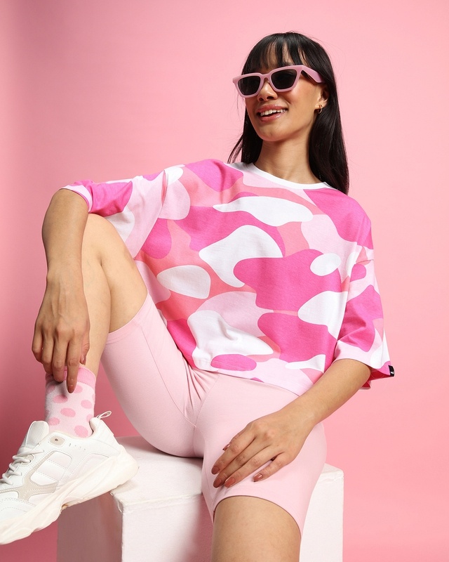 Shop Women's Pink & White Camo Printed Oversized T-shirt-Front
