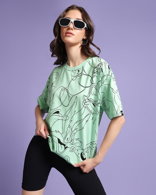Shop Women's Green All Over Printed Oversized T-shirt-Front