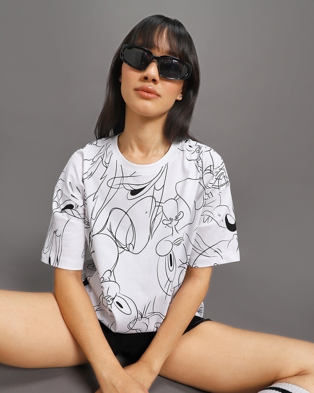 Shop Women's White All Over Printed Oversized T-shirt-Front