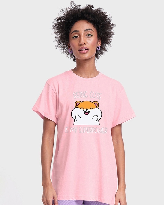 Shop Women's Pink Being Cute is My Super Power Graphic Printed Boyfriend T-shirt-Front