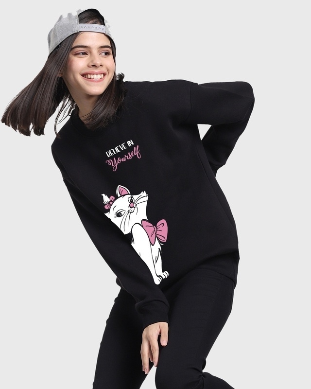 Shop Women's Black Believe In Yourself Cat Graphic Printed Oversized Sweatshirt-Front
