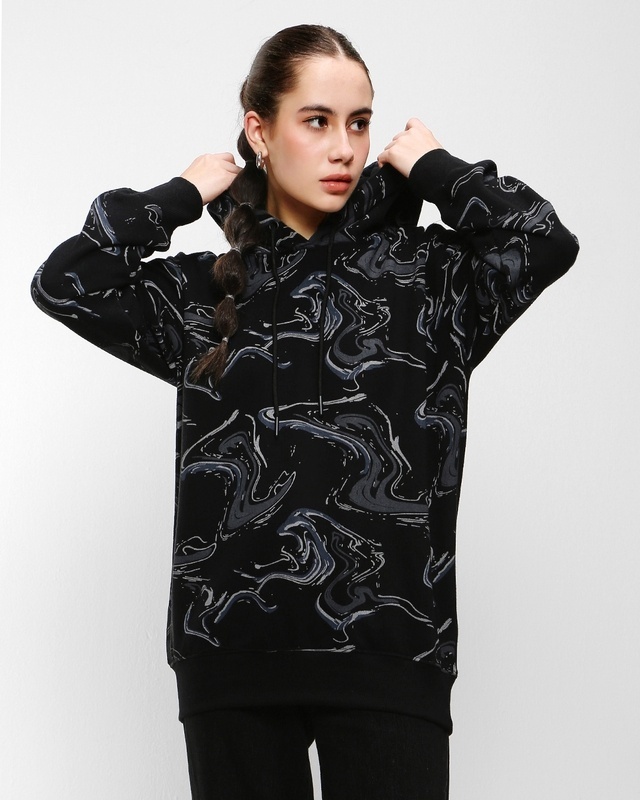 Shop Women's Black Marble Printed Oversized Hoodie-Front