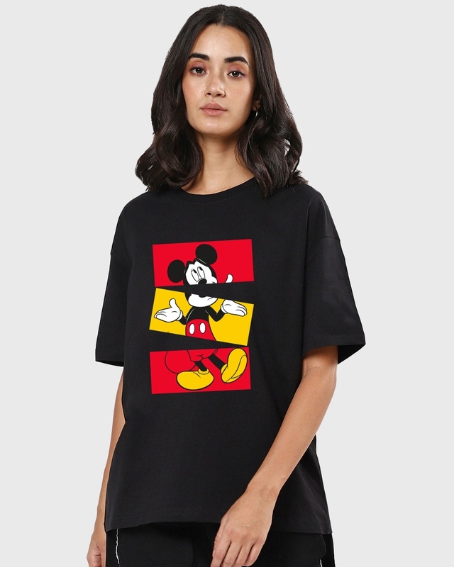 Shop Women Black Blocked Mickey Oversized T-Shirt-Front