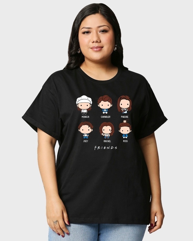 Shop Women's Black Chibi Friends Graphic Printed Plus Size Boyfriend T- shirt-Front
