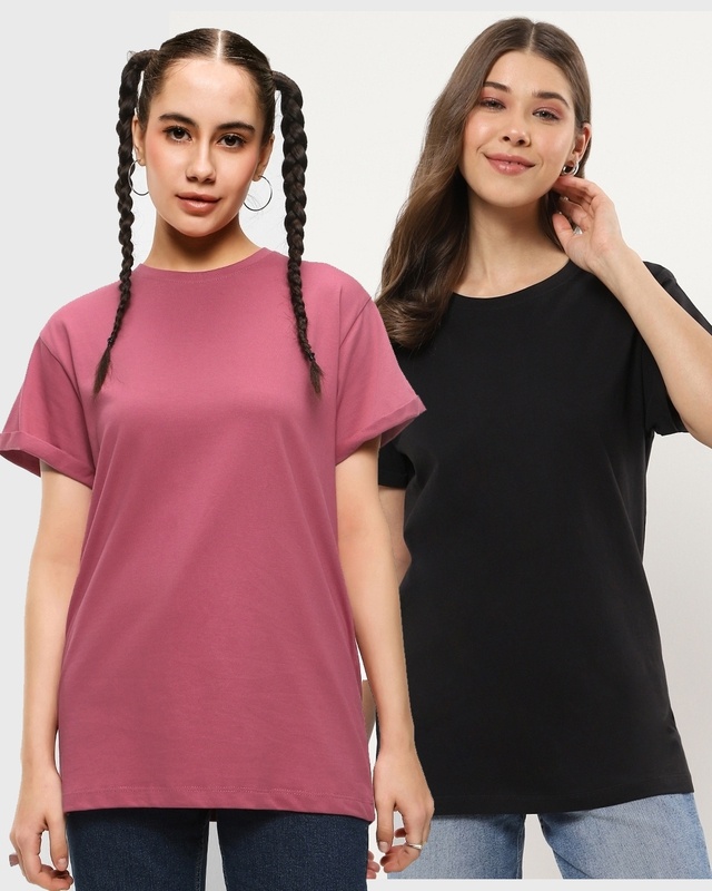 Shop Pack of 2 Women's Pink & Black Boyfriend T-shirt-Front