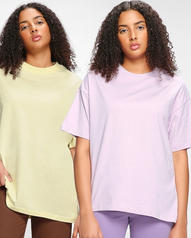 Shop Pack of 2 Women's Off White & Purple Oversized T-shirt-Front